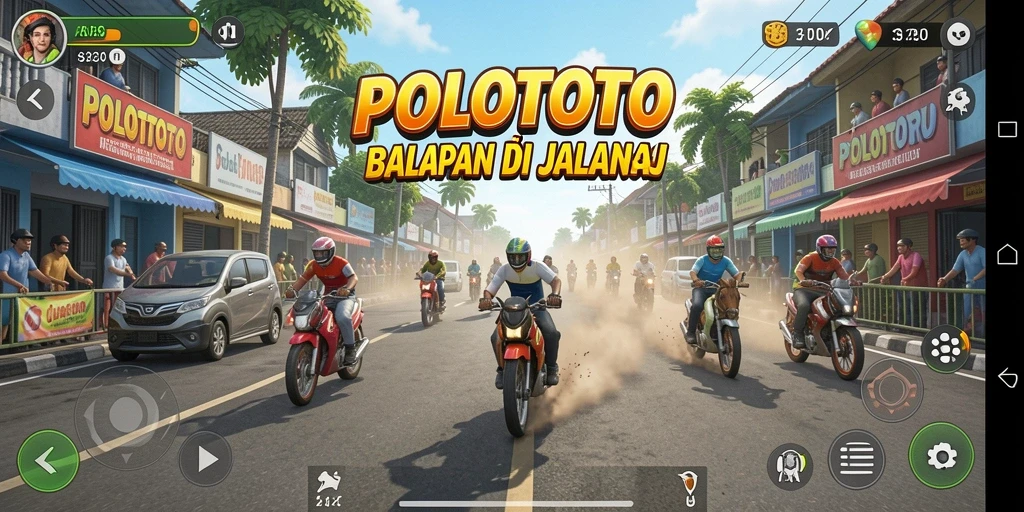 Screenshot gameplay POLOTOTO yang menunjukkan aksi balapan seru.
