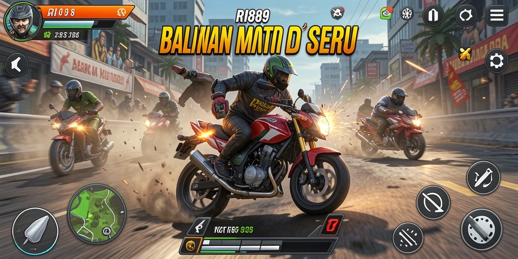 Tampilan gameplay motor racing yang menegangkan dan mendebarkan.